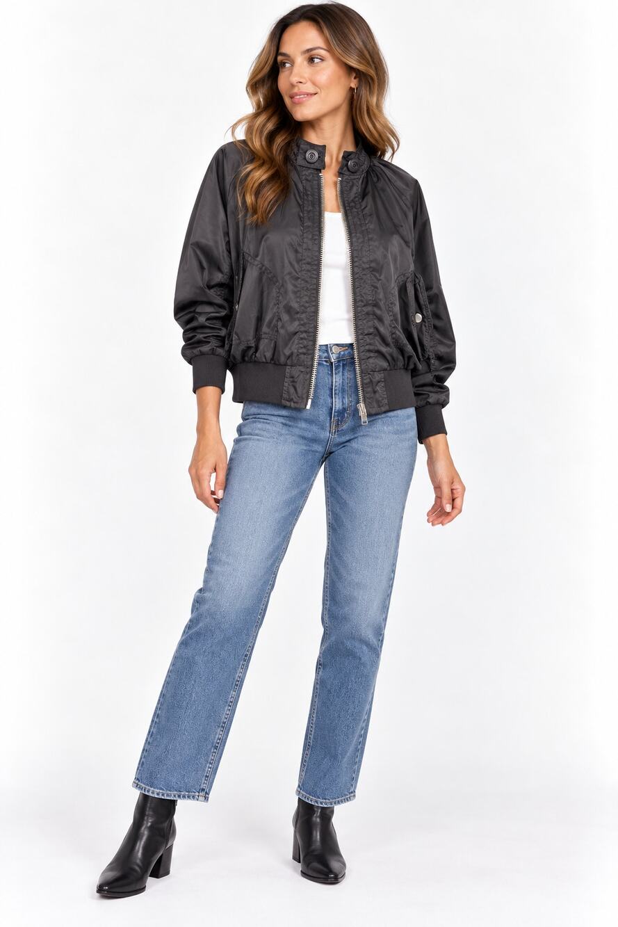Free People Midnight Satin Bomber Jacket S Black Aviator Zip Lightweight Flawe